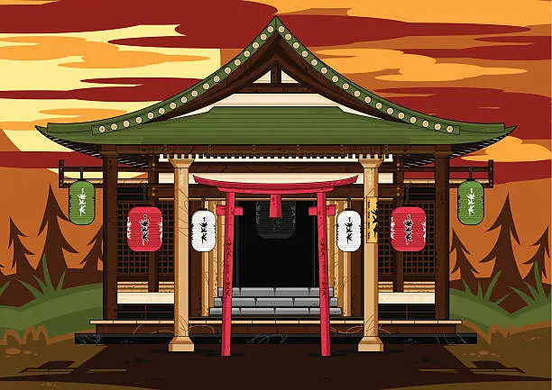 Vector illustration of Ancient Japanese Warriors Temple at Sunset