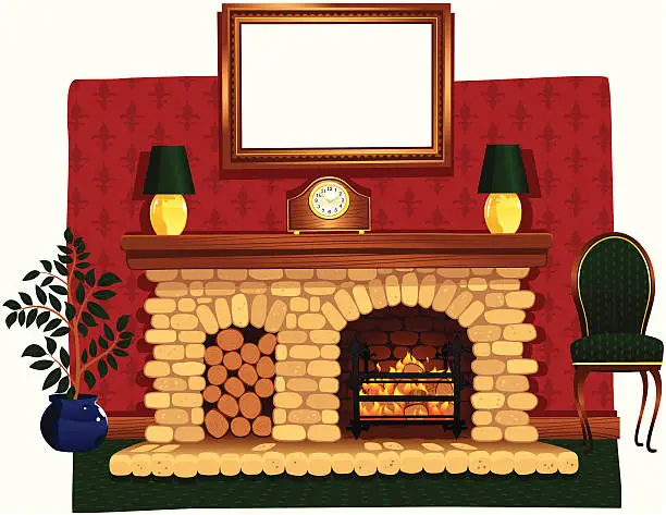 Vector illustration of Roaring log fire and stone hearth