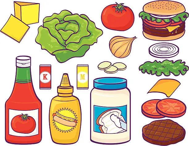 Vector illustration of Hamburger set with condiments and stuff