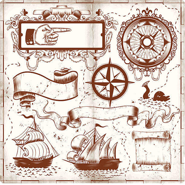 illustrazioni stock, clip art, cartoni animati e icone di tendenza di vecchia mappa e schizzi - antique ship