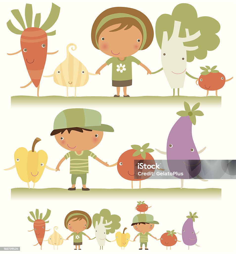 We love vegetable Kids holding hands with vegetable. Zip contains AI and PDF formats. Child stock vector