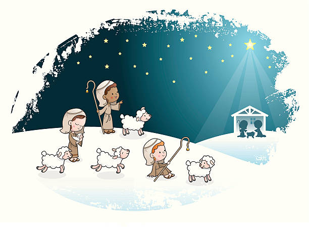 three shepherds kids nativity scene - çoban sürücü illüstrasyonlar stock illustrations