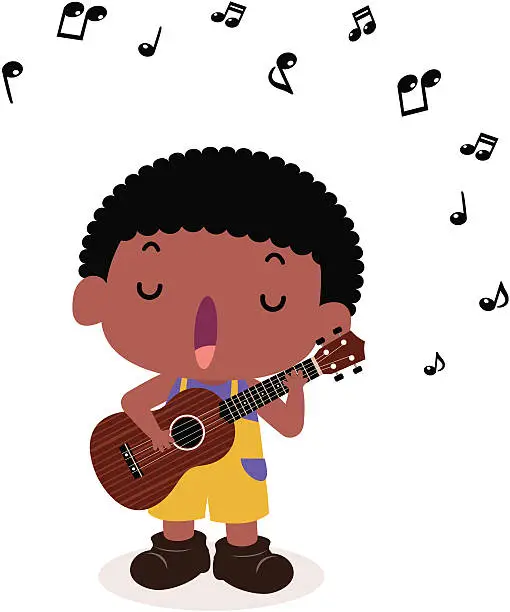 Vector illustration of Cute boy playing guitar(ukulele) and singing