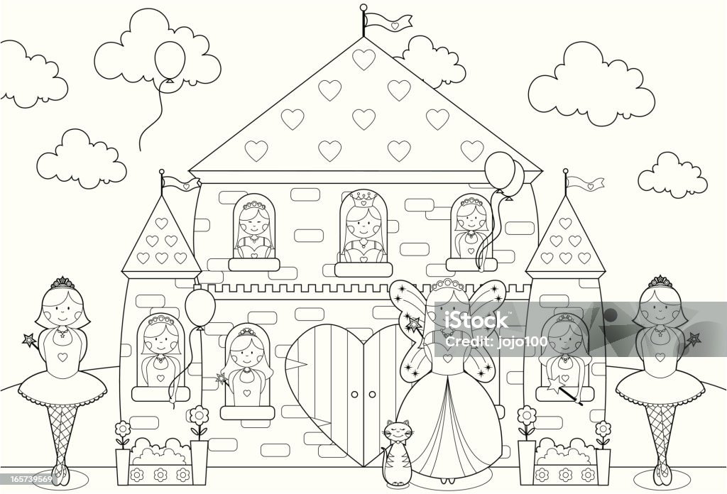 Fairytale Palace with Princesses, Fairy and Ballerinas to Color In. Fairy, princesses and ballerinas party in their fairytale palace, balloons and flags fluttering, with fluffy clouds in the background. Black and white vector line drawing ideal for printing out and coloring in.  Backgrounds stock vector