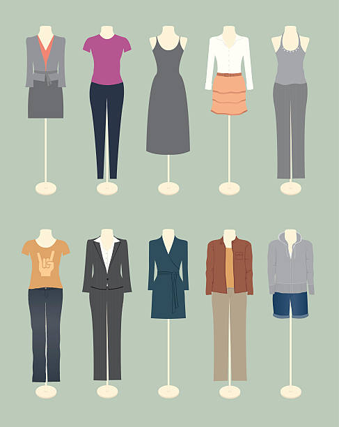 ilustraciones, imágenes clip art, dibujos animados e iconos de stock de women's clothing - shirt clothing dress elegance