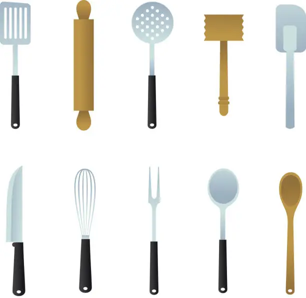 Vector illustration of Kitchen Utensil ladle, potato masher, spatula, skimmer, whisk, fork, knife