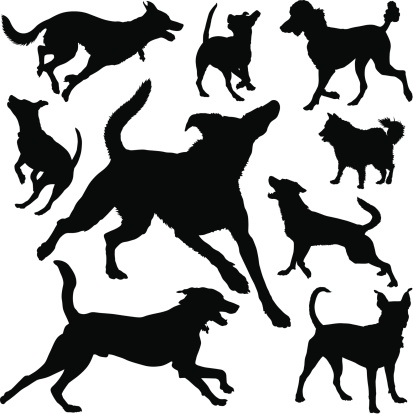 Canine silhouettes of different breeds while running and playing. Download also includes Illustrator CS3 file and high resolution XXXL (7156 x 7166) Thanks!