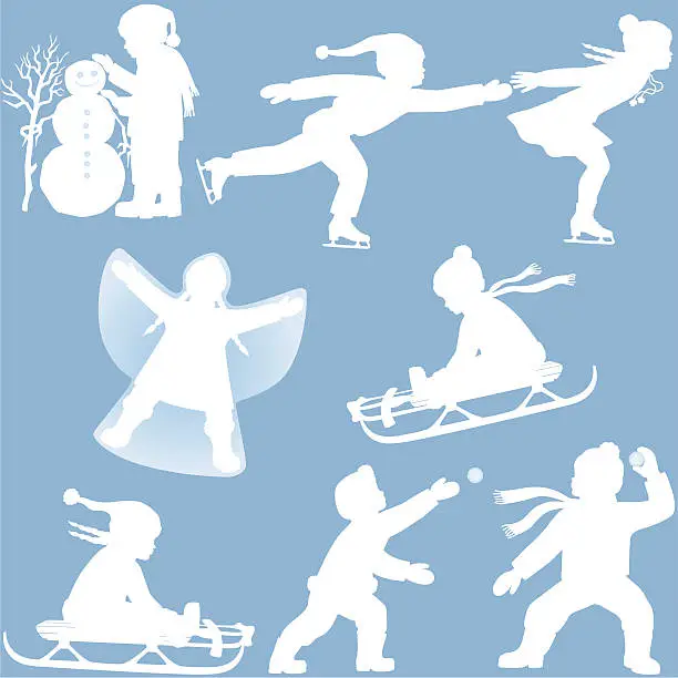 Vector illustration of Children playing in Winter silhouettes