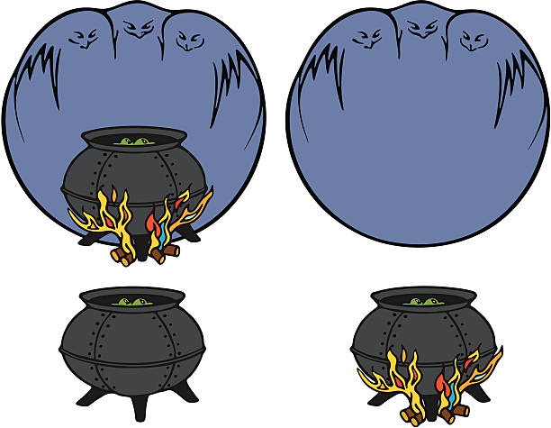 Macbeth Witches and Cauldron Three Macbeth witches and a fiery cauldron. middle aged woman cooking stock illustrations