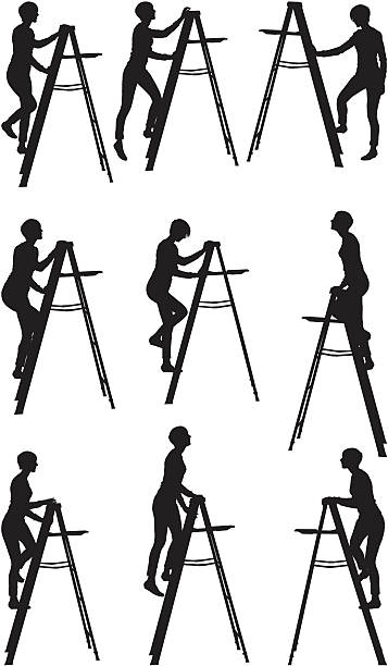 Women climbing up a ladder Women climbing up a ladder standing on one leg not exercising stock illustrations