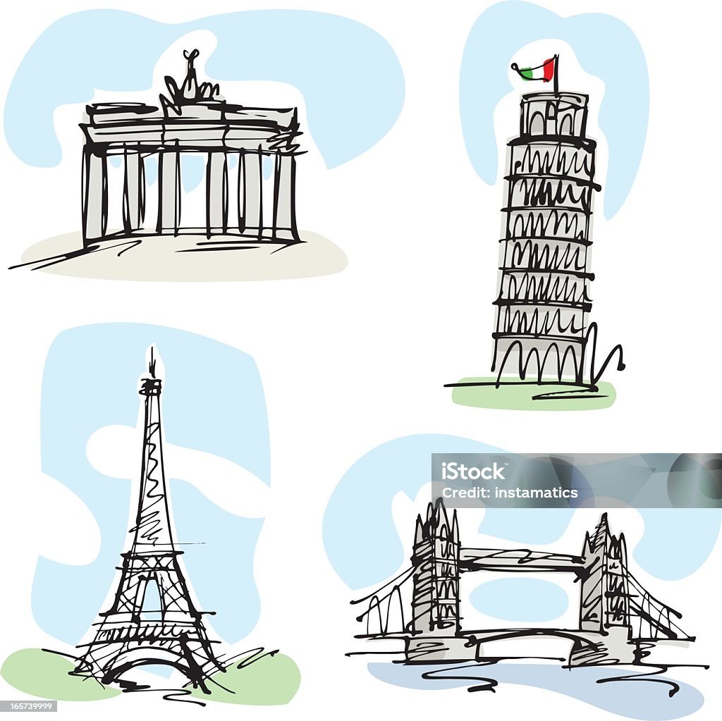 European landmark buildings Very rough drawings of the Eiffel Tower, Brandenburger Tor, Leaning Tower of Pisa and the Tower Bridge. Saved in layers. With XXL Jpg. Tower Bridge stock vector