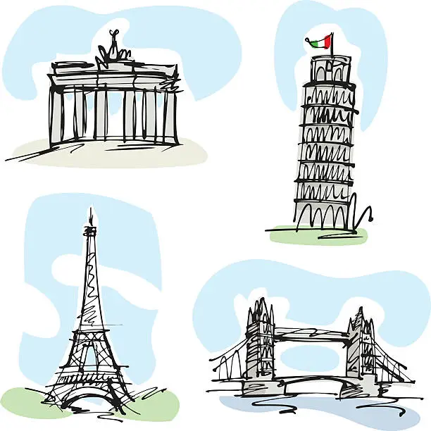 Vector illustration of European landmark buildings