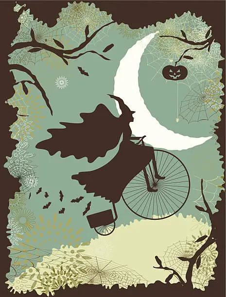 Vector illustration of Halloween witch riding a bike