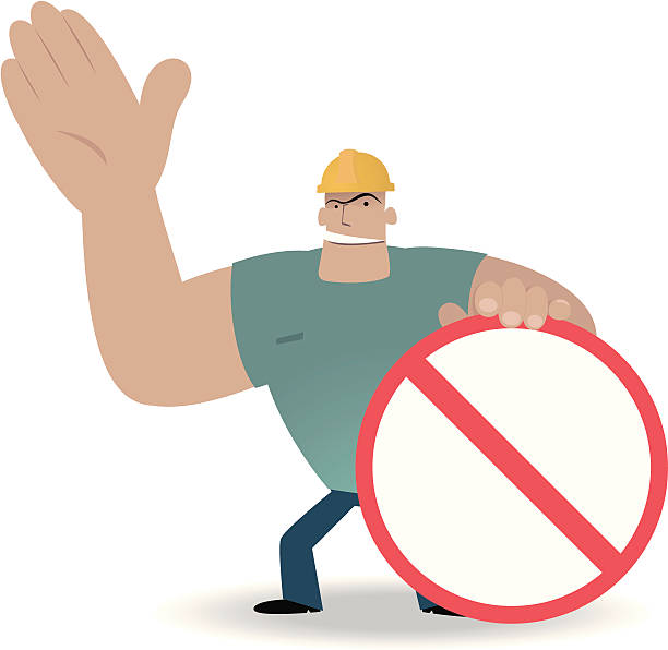Worker showing a prohibition sign and warning for safety Vector illustration - Worker showing a prohibition sign and warning for safety. hardhat roadblock boundary barricade stock illustrations