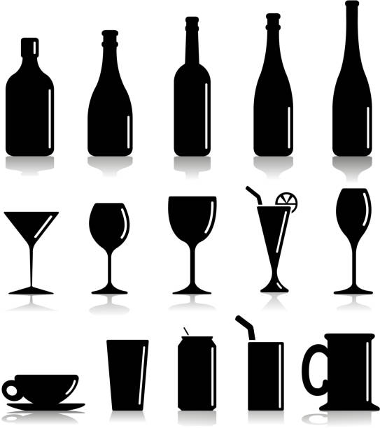 glass silhouettes drawing of vector black glass silhouette set. cocktail wine bottle glass alcohol stock illustrations