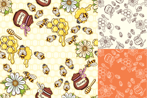 Bees and honey seamless backgrounds set. The illustration shows the bees, flowers and finished products of beekeeping.