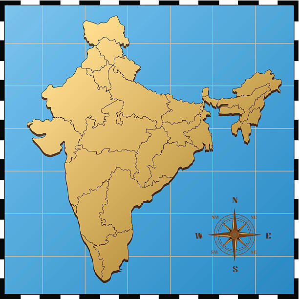 India map with compass rose An old fashioned map of India on a grid with compass rose. Every division is individually selectable. Also strokes around divisions can be switched off. HiRes JPG file included. assam stock illustrations