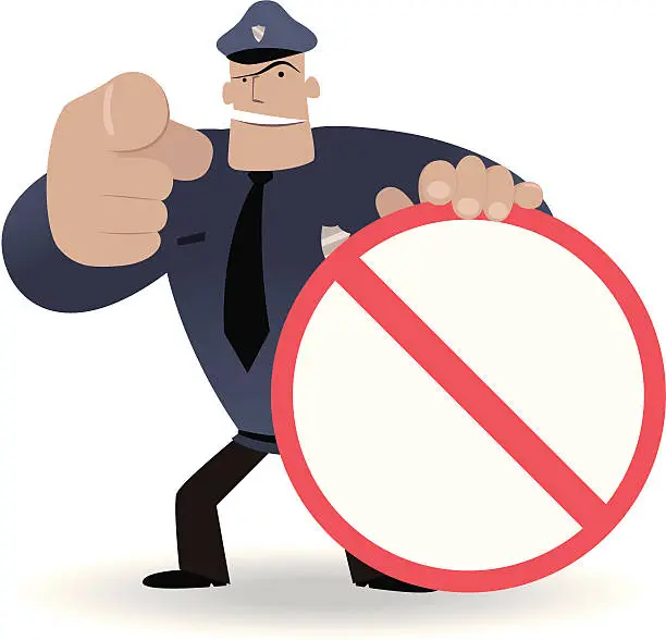 Vector illustration of Police showing a prohibition sign and pointing at you