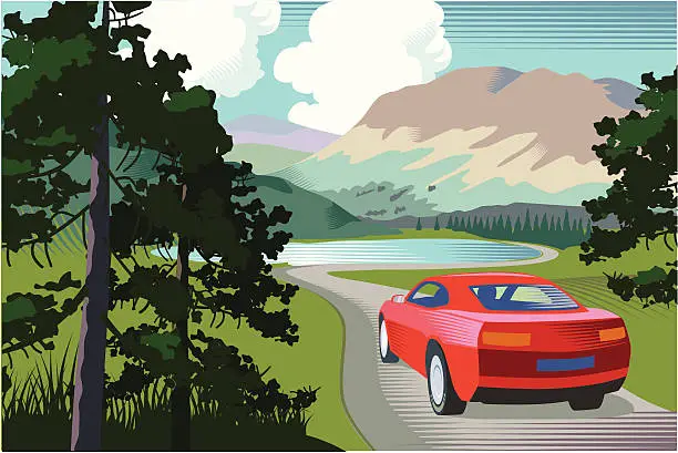 Vector illustration of Mountain road with lake and car