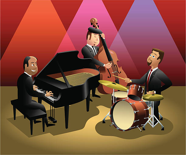 трио в ночном клубе jazz - cymbal drumstick music percussion instrument stock illustrations