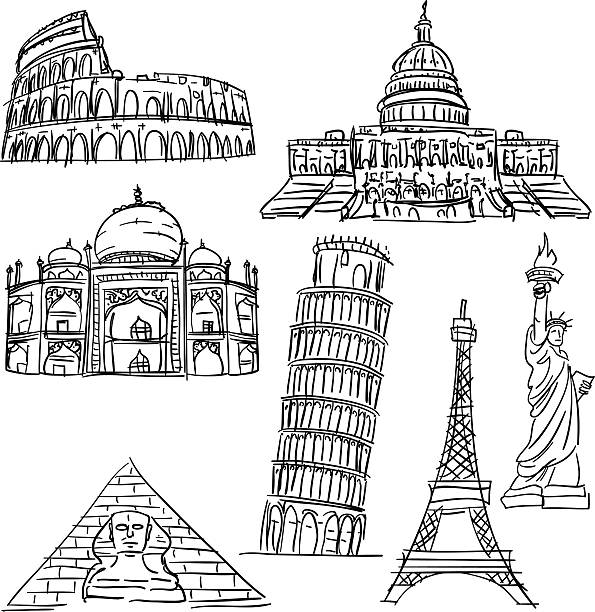 Famous scenic spots collection Sketch drawing of some famous scenic spots. famous american landmark drawing stock illustrations