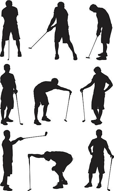 ilustraciones, imágenes clip art, dibujos animados e iconos de stock de casual hombre de jugador de golf - golf action silhouette balance