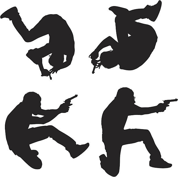 ilustrações, clipart, desenhos animados e ícones de ação homem dão cambalhotas roll com uma arma - gun handgun silhouette outline