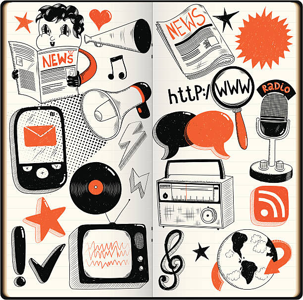 mass media kritzeleien - newspaper doodle the media line art stock-grafiken, -clipart, -cartoons und -symbole