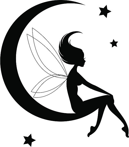 Fairy Moon Silhouette The silhouette of a sweet little fairy sitting on the silhouette of the moon with simple stars in the background. The fairy and the moon are two separate shapes if just the fairy is wanted. moon silhouettes stock illustrations