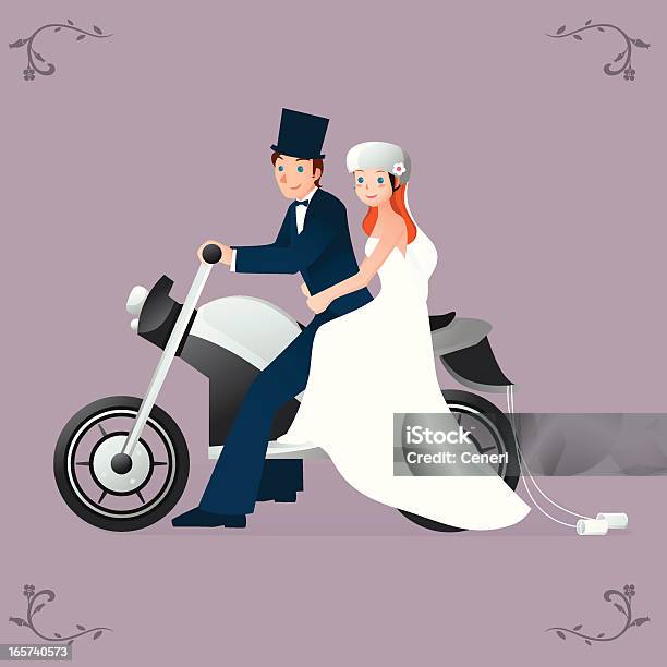 Vetores de Motociclista Recémcasados Noiva E O Noivo Na Moto e mais imagens de Casamento - Casamento, Casal, Motocicleta