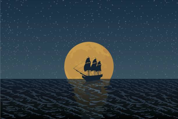 ilustraciones, imágenes clip art, dibujos animados e iconos de stock de luna llena de envío - goleta barco de vela