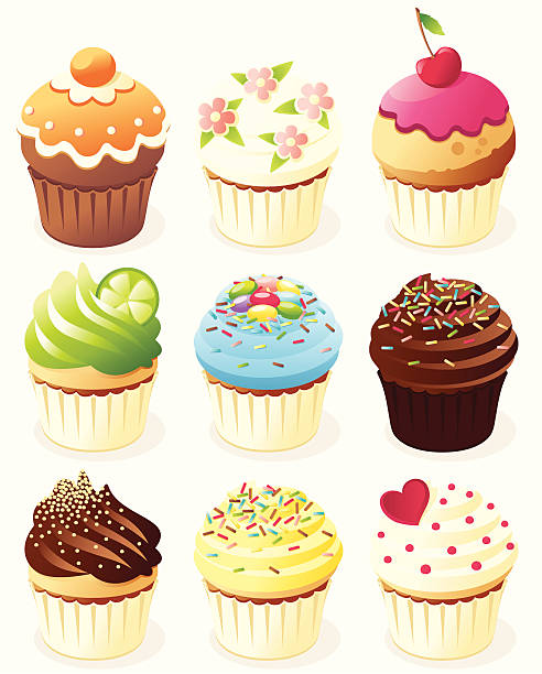 cupcake set - cupcake chocolate icing candy stock-grafiken, -clipart, -cartoons und -symbole