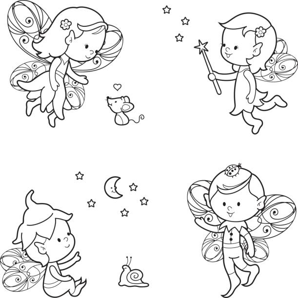 pixie elf farben set - fun mouse animal looking stock-grafiken, -clipart, -cartoons und -symbole