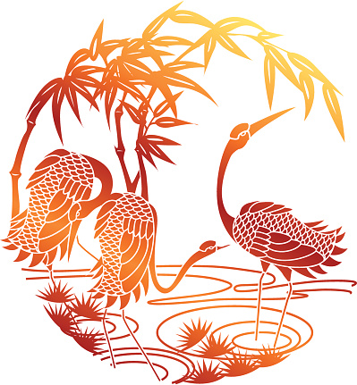 Vector illustration of Chinese Style Paper Cutting Of Sunset Crane. Whole graphic is merged in single object. Change color is easy, simply select the Paper Cutting Of Sunset and change the gradient's color.