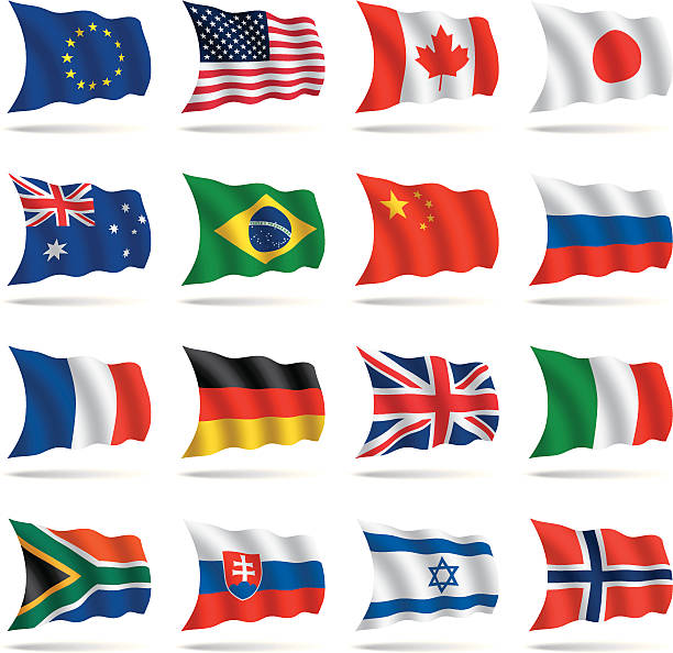 A group of world flags on a white background World flags waving set 1. Simple gradient used. australian flag flag australia british flag stock illustrations