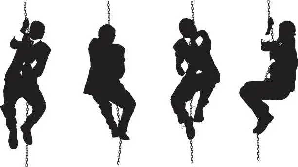 Vector illustration of Businessmen clinging onto rope chain