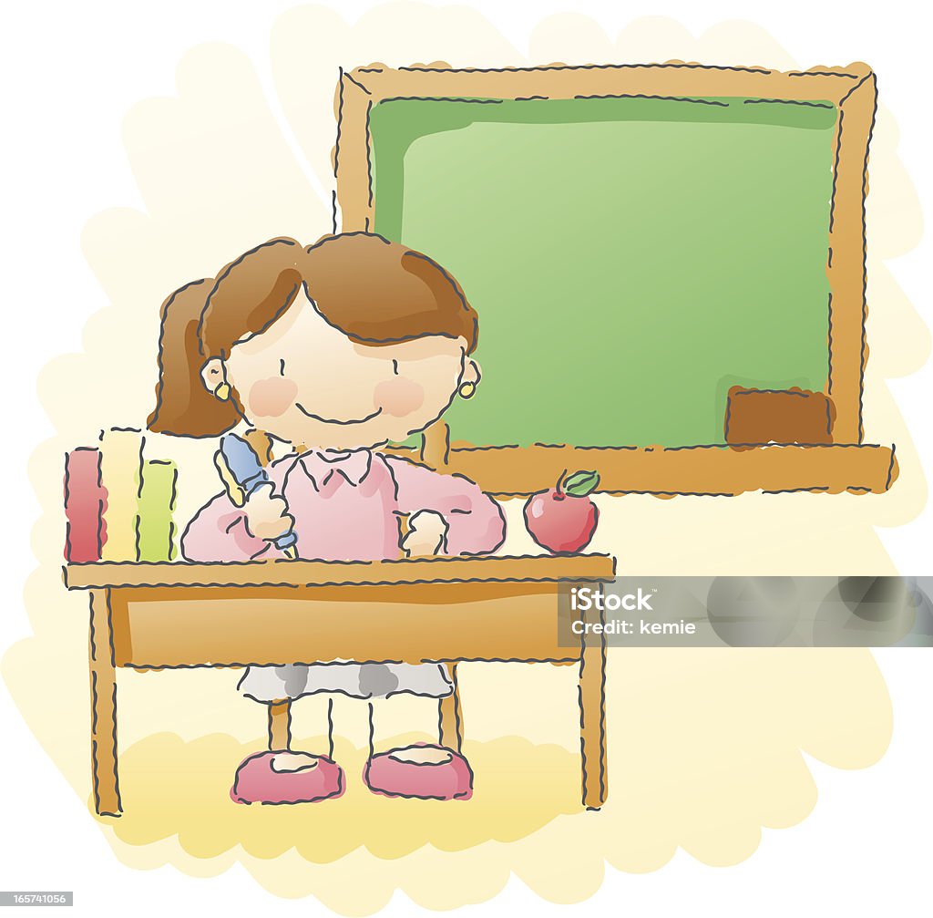scribbles: teacher's desk teacher sitting at her desk in front of a blackboard. easily add your own message! Adult stock vector