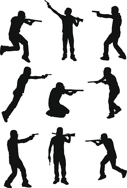 ilustrações, clipart, desenhos animados e ícones de homens de armas de ação arma play - gun handgun silhouette outline