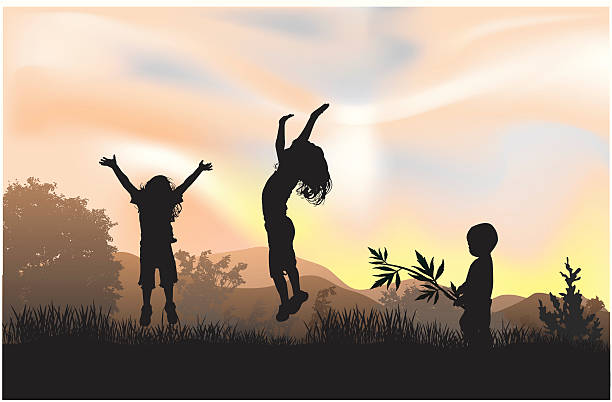 Three children jumping and playing in the sun Children play in nature. girl silouette forest illustration stock illustrations