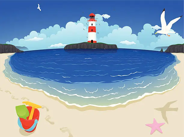 Vector illustration of Beach & Lighthouse Island - Wide Version