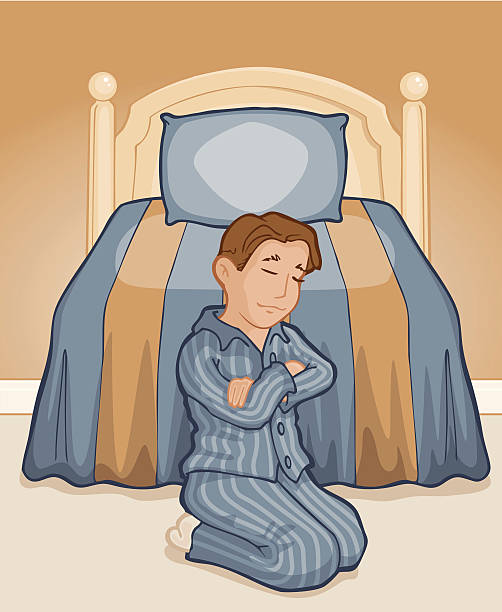 Boy in Prayer Boy in Prayer shows a young boy on his knees with his eyes closed and arms folded in prayer by his bed.  The bedroom is shown as a bed, headboard, bedspread and pillow.  It also shows wallpaper behind the headboard. head board bed blue stock illustrations