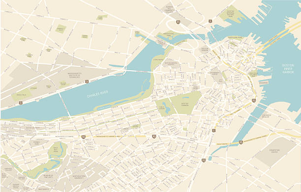 Boston Downtown Map A detailed map downtown Boston, including the area with Fenway Park and the Back Bay Fens. Includes freeways, all roads in the main part of Boston, parks, docks and points of interest, all on separate layers. Includes an extra-large JPG so you can crop in to the area you need. massachusetts illustrations stock illustrations