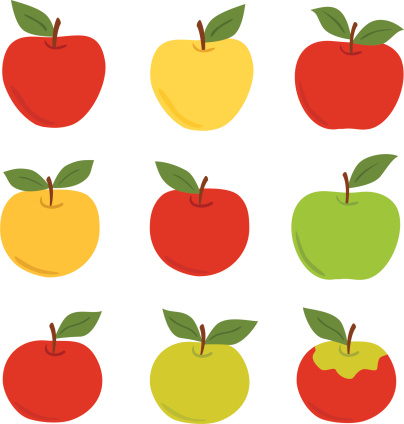 A retro-styled set of multiple varieties of apples. Macintosh, Red and Golden Delicious, Rome, Gala, Honeycrisp, and Granny Smith shapes are shown. Created in a classic moderism style. Simple shapes for easy color changes. Red apples, green apples, yellow apples, and multi-colored apples.