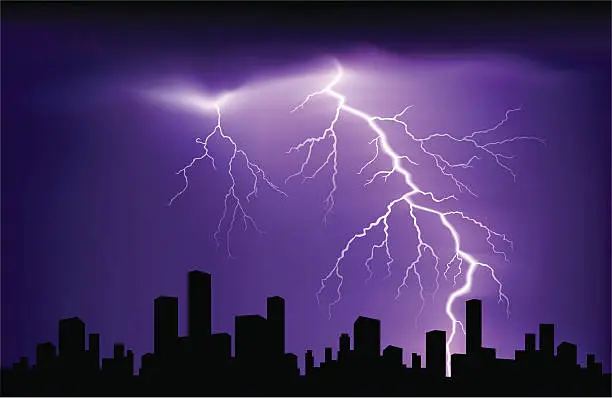 Vector illustration of Purple and black landscape with lightning over buildings