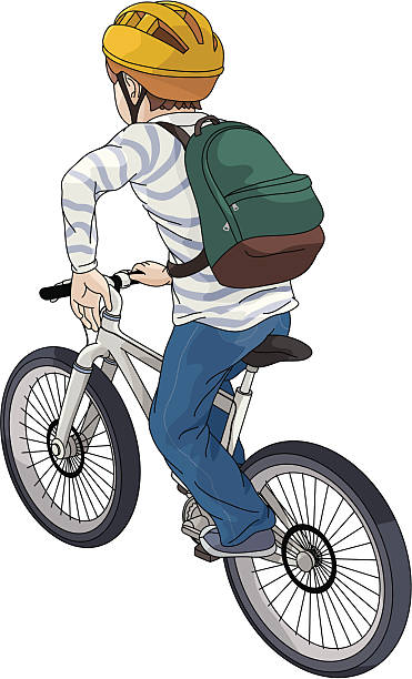 Vector illustration of a boy riding a bicycle Illustration of a young boy with brown hair riding a bicycle, looking toward his destination against white background.  The boy is wearing a white T-shirt with blue horizontally positioned stripes, a helmet, blue jeans, gray casual shoes and a backpack.  The helmet is yellow in color with ridges on top, and it has a black chin strap.  The young boy's backpack is green with a brown bottom.  The bicycle is light gray in color, with a black seat and handlebars and several spokes on the wheels.  The boy has his left arm extended and bent at the elbow, with his left hand pointing down in the "Stop" sign. bike hand signals stock illustrations