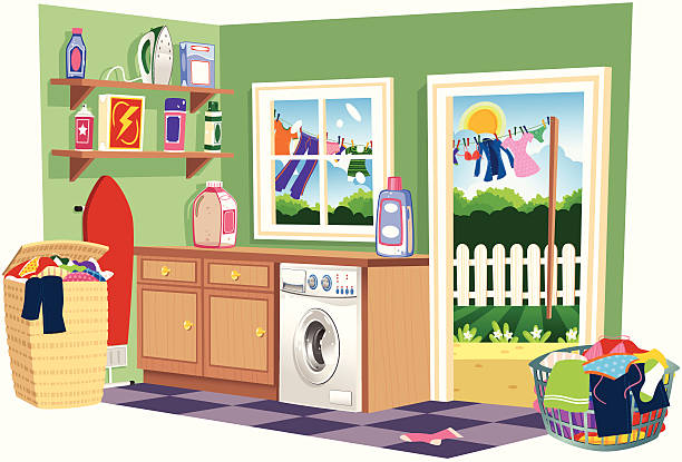 Washing day laundry room Isolated illustration of a typical laundry room on washing day. Included in the scene are; ironing board, iron, laundry baskets, washing machine and outside, a washing line with hanging clothes. utility room stock illustrations