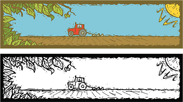 Banner Tractor campo e folhas - ilustração de arte vetorial