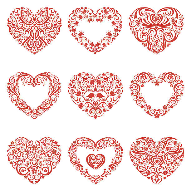ilustrações, clipart, desenhos animados e ícones de coração estilizada conjunto - ornate swirl heart shape beautiful