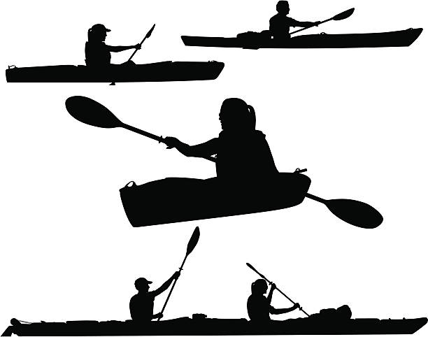 ilustrações de stock, clip art, desenhos animados e ícones de silhuetas de caiaque - silhouette kayaking kayak action