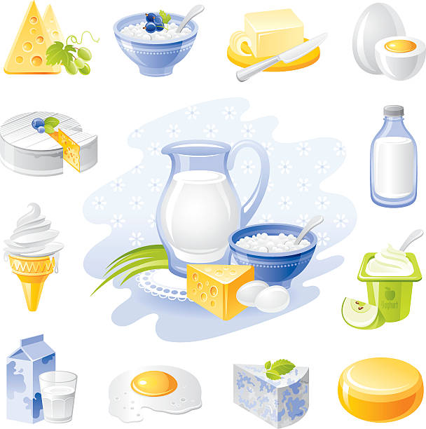 ilustraciones, imágenes clip art, dibujos animados e iconos de stock de farm conjunto de iconos de comida: los productos lácteos y aves - butter dairy product yogurt milk